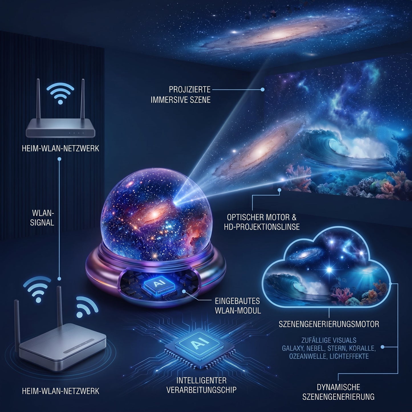 Offizieller Shop |✨🐳SCNDR® 360° Intelligenter Holografischer Sternenhimmel‑Projektor (HD Smart Dynamic 5D)