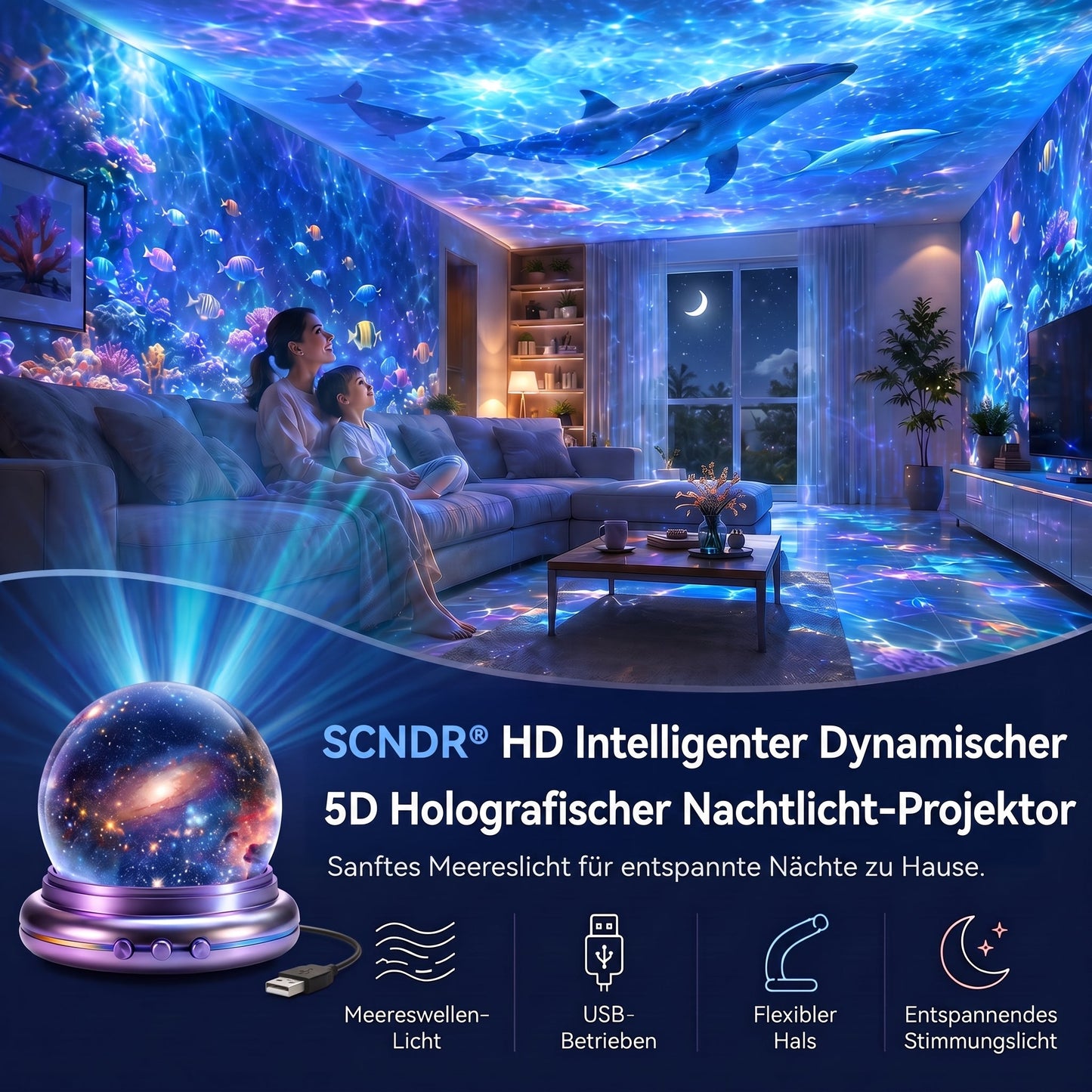 Offizieller Shop |✨🐳SCNDR® 360° Intelligenter Holografischer Sternenhimmel‑Projektor (HD Smart Dynamic 5D)