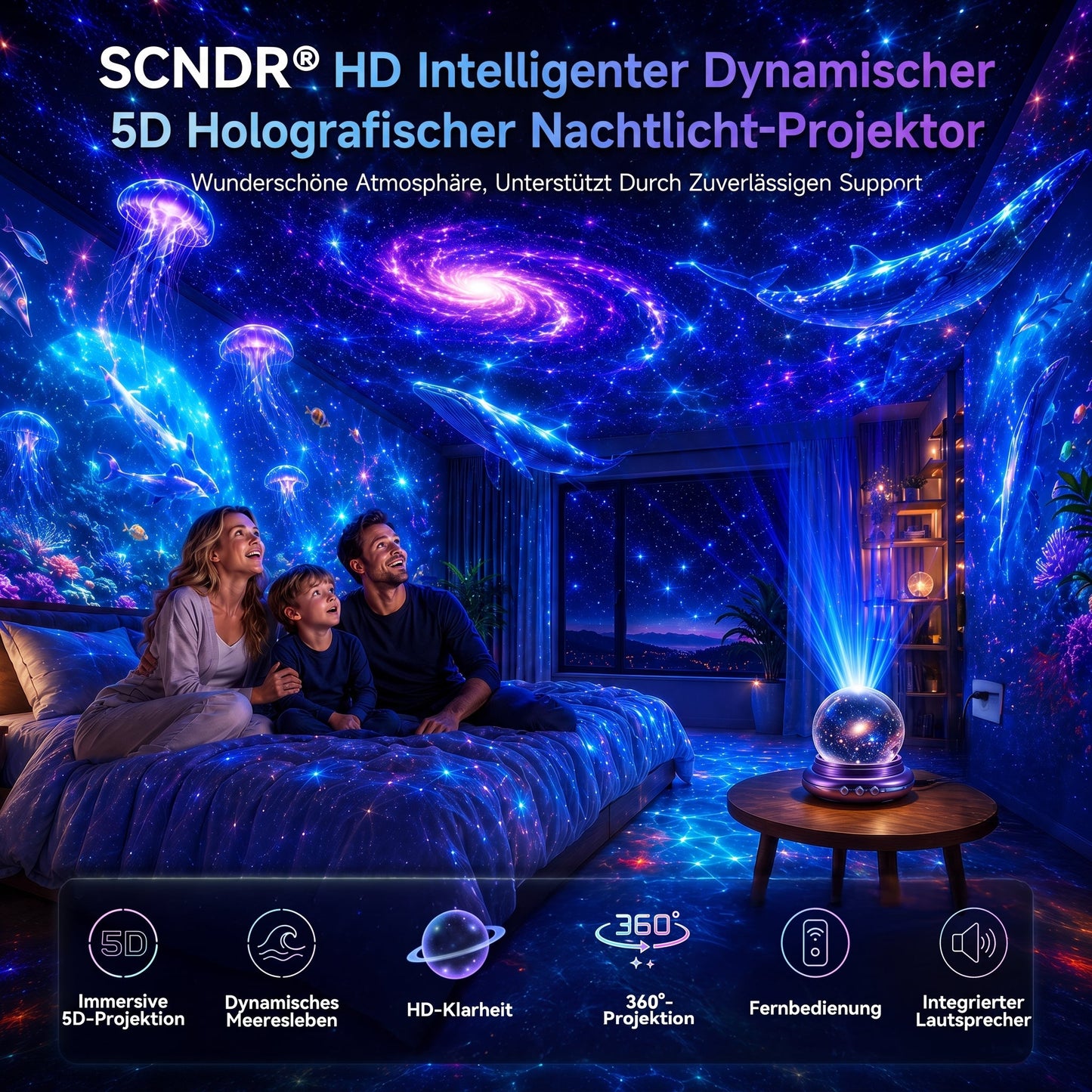 Offizieller Shop |✨🐳SCNDR® 360° Intelligenter Holografischer Sternenhimmel‑Projektor (HD Smart Dynamic 5D)