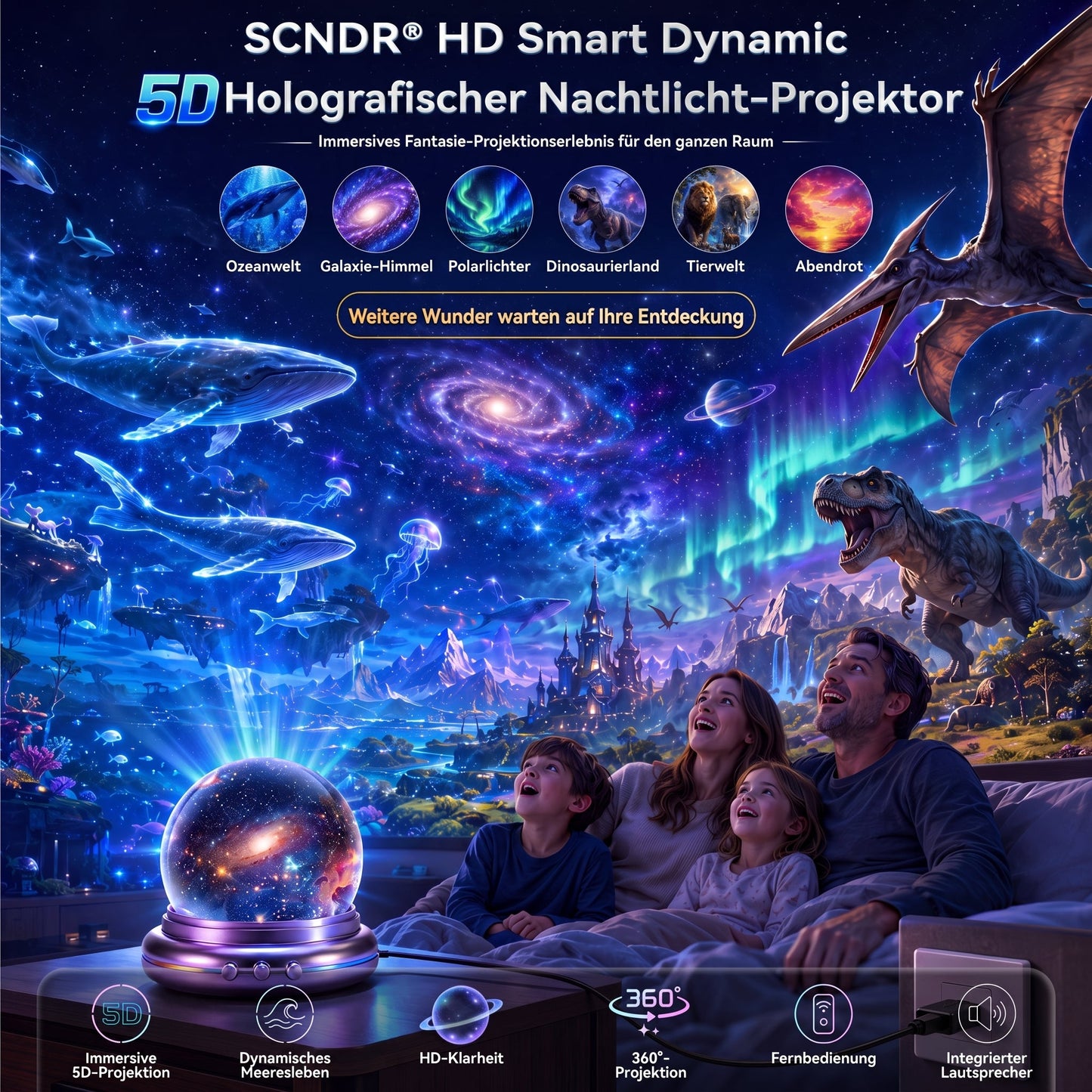 Offizieller Shop |✨🐳SCNDR® 360° Intelligenter Holografischer Sternenhimmel‑Projektor (HD Smart Dynamic 5D)